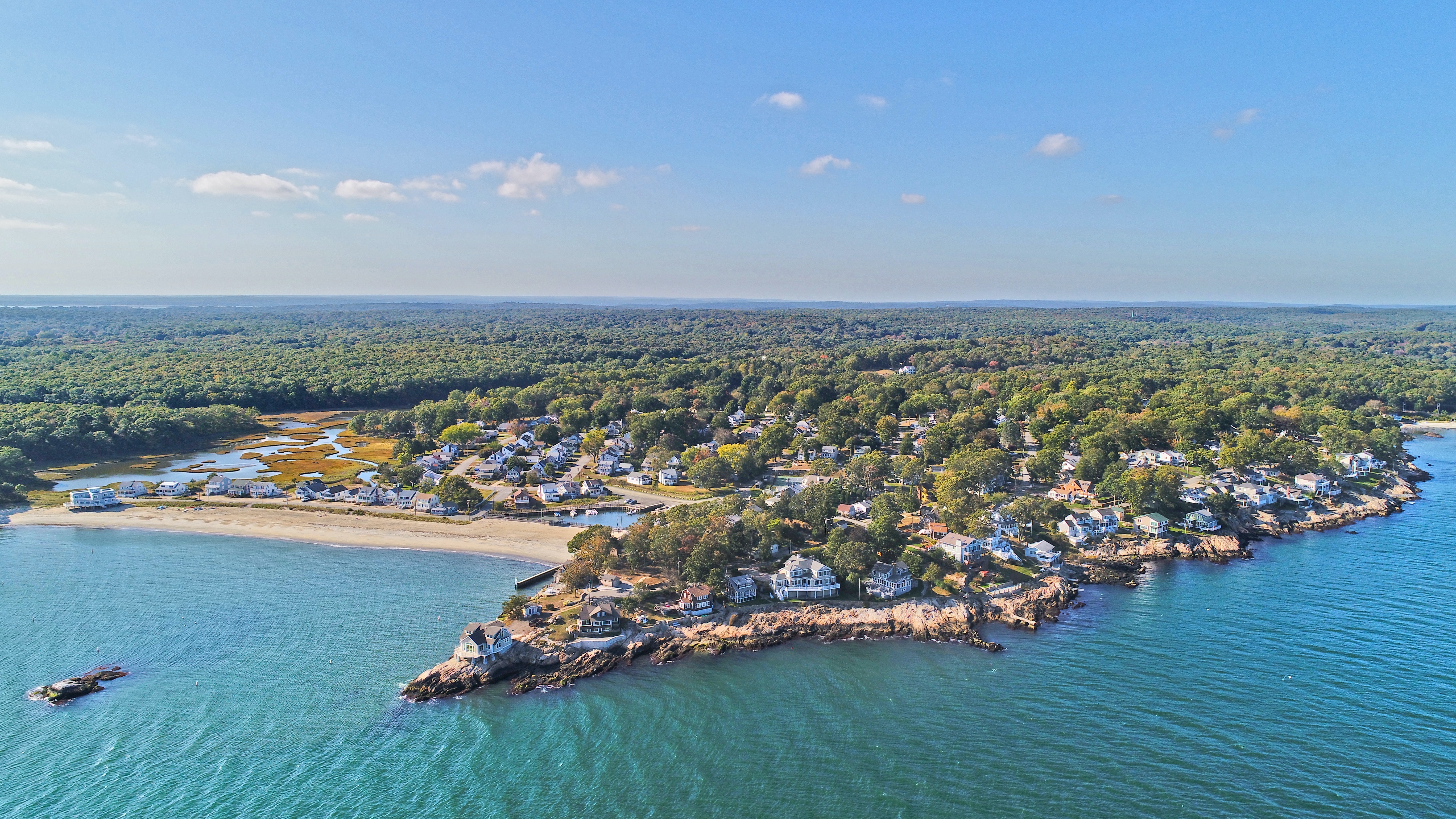 Aerial photo overlooking the ocean and Point of Woods community in Old Lyme, CT
